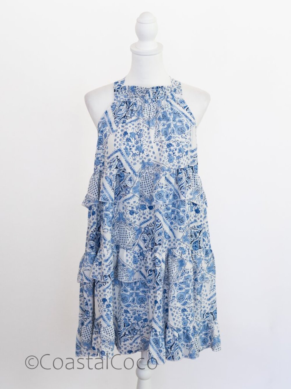 Listicle Halter Tiered Dress M Ruffle Layered Paisley Floral Boho Resortwear